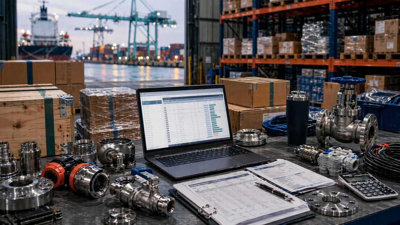 Technical fittings and a marine procurement list on a workbench